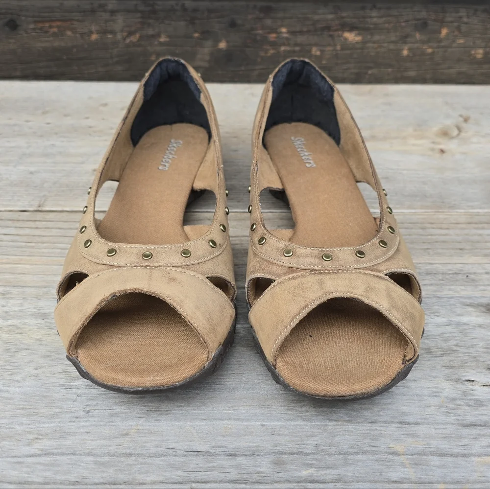 Skechers Bikers Y2K Boho Minimalist Nubuck Studded Peep Toe Comfort Flats 9.5M
